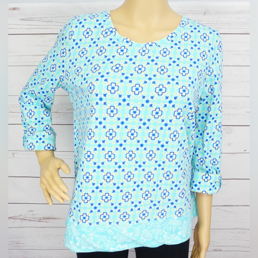 Kim Rogers Light Aqua Floral Scoop Neck Blouse